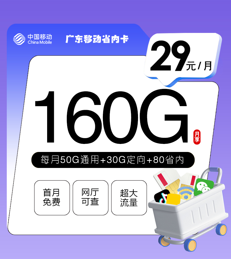 172号卡官方发布：广东移动省内卡【29元160G】
