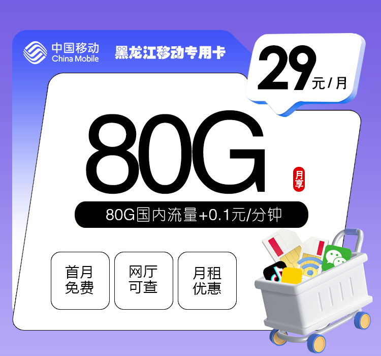 172号卡官方发布：黑龙江移动专用卡【29元80G】