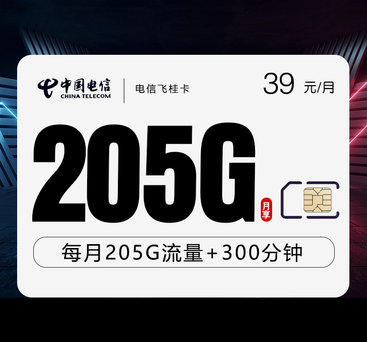 172号卡推荐：电信飞桂卡【39元205G+300分钟】