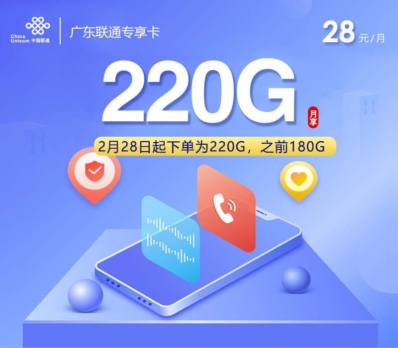 172号卡推荐：广东联通专享卡【28元220G】