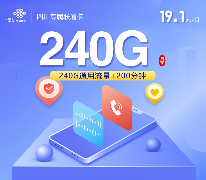 172号卡推荐：四川专属联通卡【19.1元240G+200分钟】