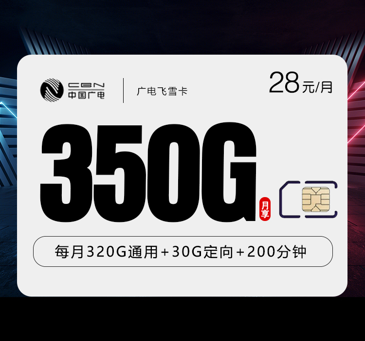 172号卡推荐：广电飞雪卡【28元350G+200分钟】【仅发湖南】